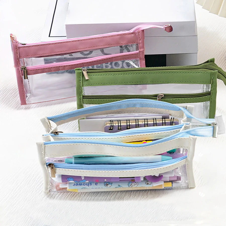 1pc large-capacity transparent three-layer pencil case, simple PVC waterproof zipper stationery, school office supplies