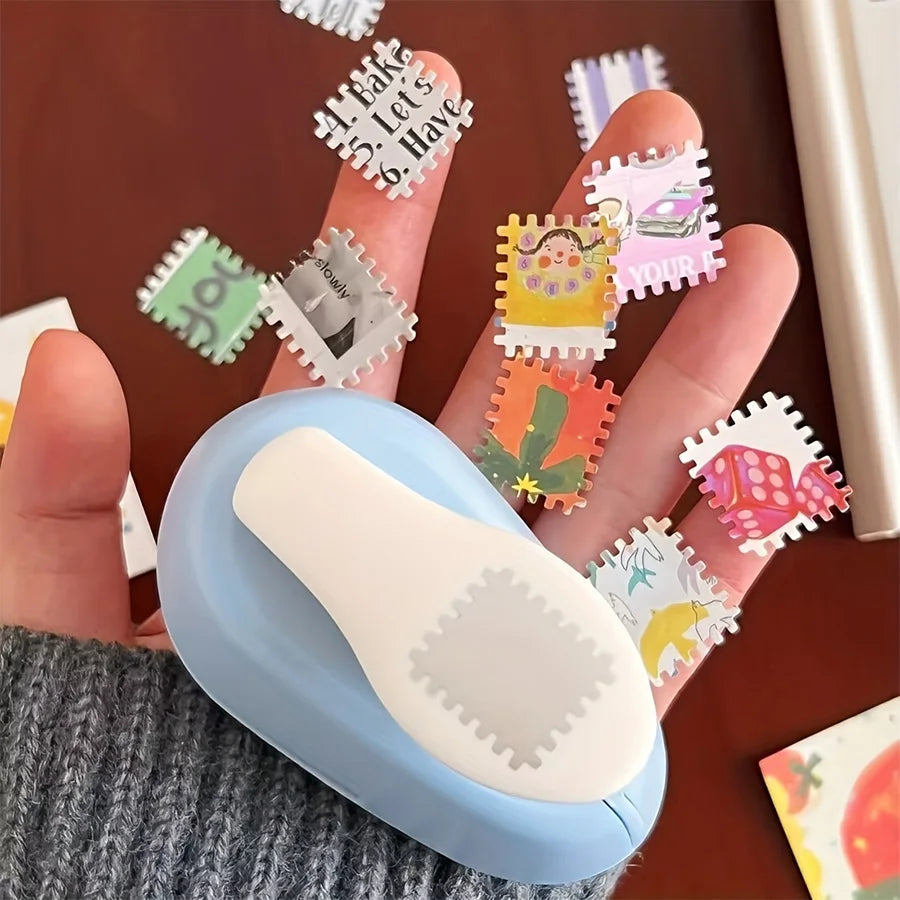 Stamp shaped decorative paper punch press and embossing tools, scrapbook card making and photo processing techniques